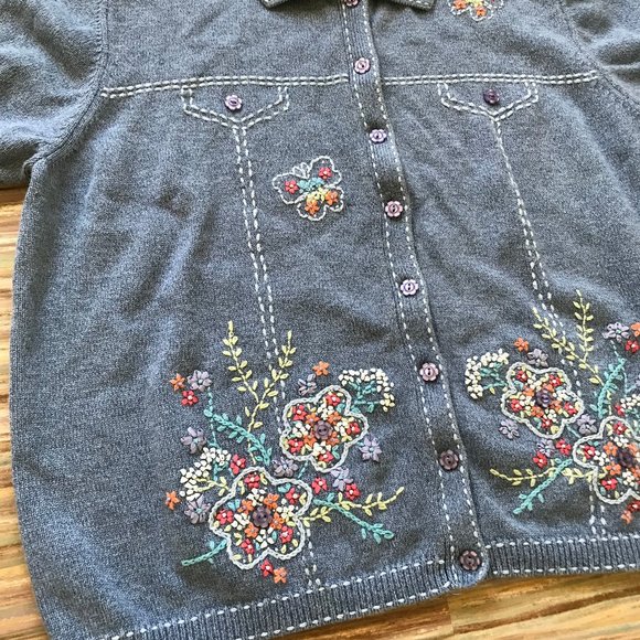 Alfred Dunner Blue Knit Cardigan Sweater Ramie Cotton Ribbon Embroidery - Picture 3 of 7
